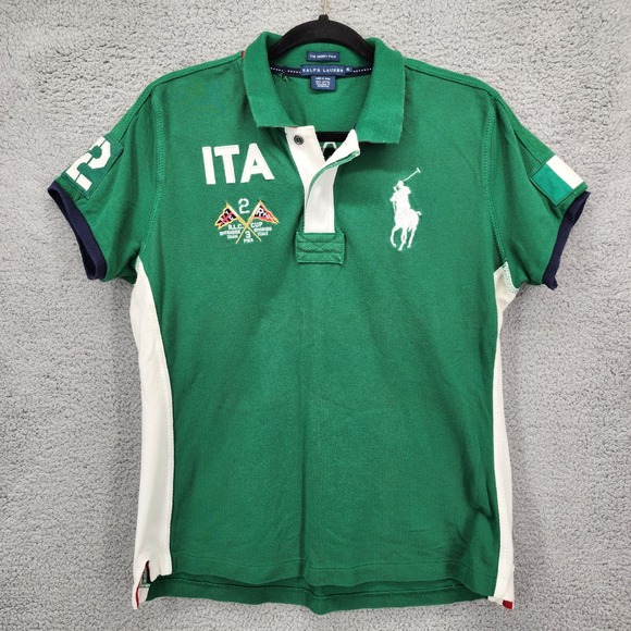 Ralph Lauren The Skinny Polo Italy Women's XL Green White Big Pony Shirt Crest - Picture 1 of 14